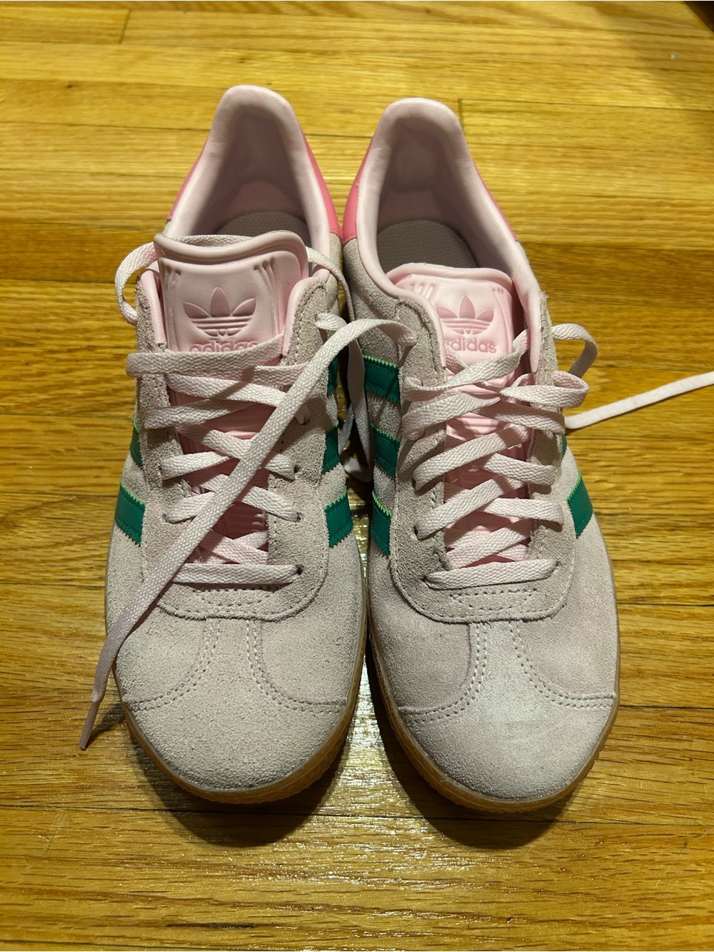 adidas girls Light Pink Suede Sneakers with Green Stripes